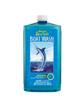 Description Sea Safe Boat Wash is an environmentally-responsible boat cleaning product that really works. The low-sudsing, biodegradable formula is concentrated for maximum cleaning power and maximum economy. It is Lake Safe, so it can be used while the boat is in or near the water. It cleans all marine surfaces, including fiberglass, vinyl, plastic, rubber, glass, metal and painted areas. Features Environmentally friendly, biodegradable formula. Cleans away dirt, stains, grease, oil and salt. Use on fiberglass, metal, glass, rubber and painted surfaces. Concentrated for heavy duty cleaning. Low Sudsing, contains no phosphates. 3 capfuls cleans a 21 FT (7 meter) boat. Low Sudsing formula saves water. Will not remove wax or polish, works in fresh and salt water Cleans without leaving filmy streaks Fresh new eco-blueberry scent Cleans all marine surfaces